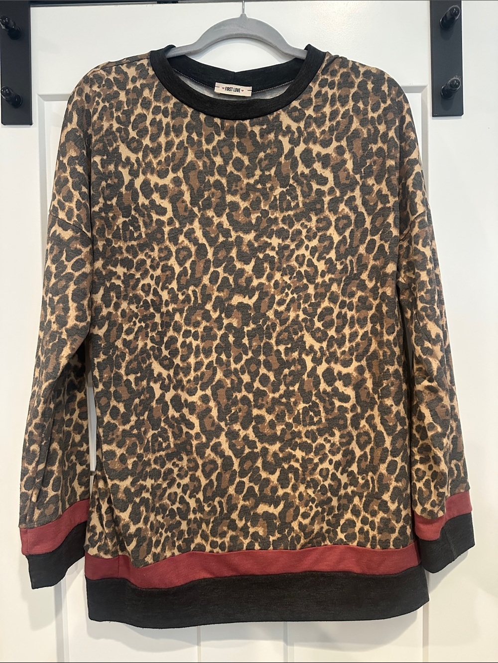 First Love Leopard Print Pullover with Black and Rust Trim